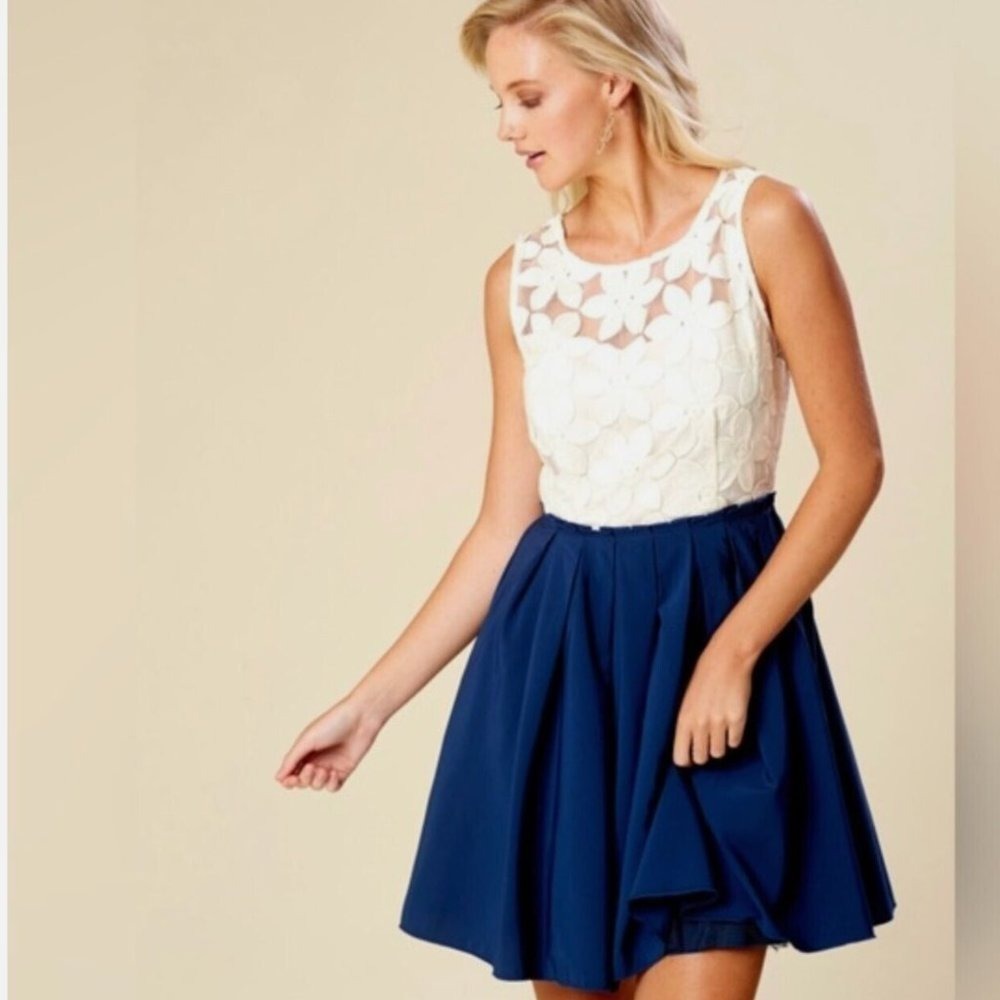 Altar'd State Lucille Dress White Lace Bodice Navy Flair Skirt Size M Wedding